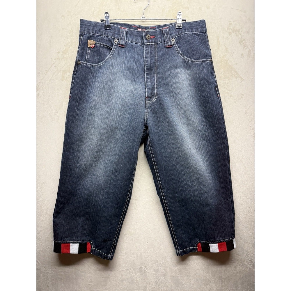 VTG Y2K Raw Blue Baggy Denim Shorts Jorts Mens 34 Dark Wash Striped Cuff Street